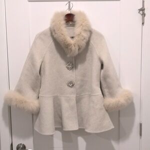 New real fox fur merino wool princess pea coat oat white